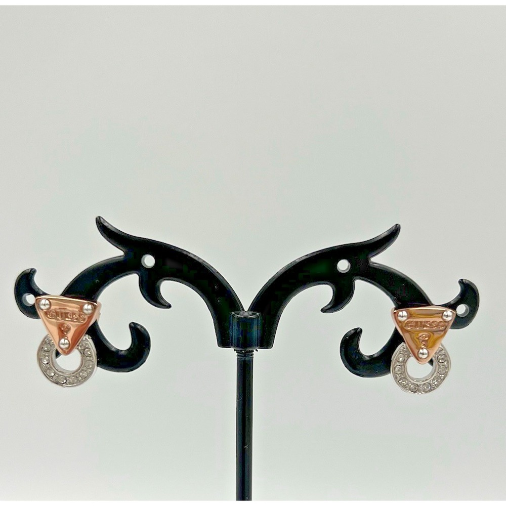 Guess Logo Earrings Rose Gold/Silver Tone w/CZ Stud earrings and Dust Bag - Picture 3 of 10
